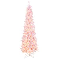 Costway - 7FT Pre-Lit Snow Flocked Hinged Pencil Christmas Tree w/ 300 Lights & 8 Modes - Pink/White - Large Front