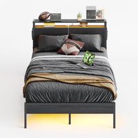 Bestier - Bed Frame Platform Bed with Storage Headboard LED Lights and Charging Station Full - Black - Large Front