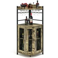 Costway Corner Bar Cabinet Industrial Liquor Wine Cabinet with Glass Holder & Mesh Doors - Taupe - Large Front
