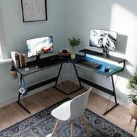 Bestier L-Shaped Reversible Gaming Desk with Large Monitor Shelf, Cup Holder, and Headset Hook - ... - Large Front