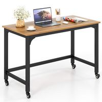 Costway - Rolling Computer Desk with Wood Top - Black and Natural - Large Front