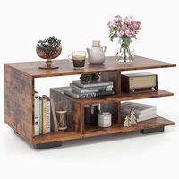 Costway Geometric Coffee Table w/ Storage Shelves 3-Tier Rectangular Tea Table - Rustic Brown - Large Front