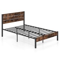 Costway Full Bed Frame with Tall Industrial Headboard Heavy-Duty Metal Slats Support - Brown - Large Front
