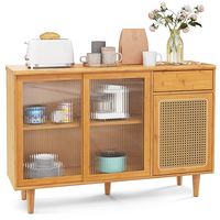 Costway - Buffet Sideboard Cabinet Rattan Console Table with Sliding Doors Storage Drawer - Natural - Large Front