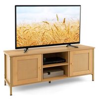 Costway - Boho TV Stand for TV up to 55'' w/ Faux Rattan Door Side Cabinet & Open Shelf - Natural - Large Front