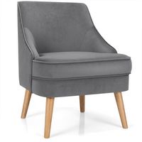 Costway - Velvet Upholstered Accent Chair with Rubber Wood Legs - Grey - Large Front