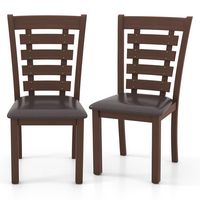 Costway Wooden Dining Chairs Set of 2 with Upholstered Seat & Rubber High Back - Brown - Large Front