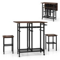 Costway 3 PCS Rolling Dining Table Set Extendable Kitchen Table 2 Stools with Wine Rack Rustic Br... - Large Front