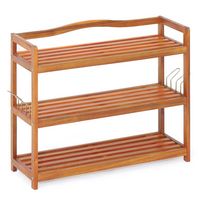 Costway - 3-Tier  Wood Shoe Rack Solid Acacia Wood Shoe Shelf with Side Metal Hooks - Reddish Brown - Large Front