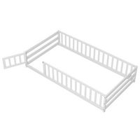 Costway Twin Size Floor Bed with Door & Fence with Safety Guardrails & Slats Support - White - Large Front