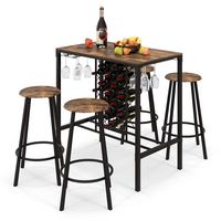 Costway 5PCS Bar Table & Stools Set Industrial Bistro Set with Wine Rack & Glass Holder - Rustic ... - Large Front