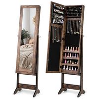 Costway - Jewelry Mirrored Cabinet Armoire Organizer Storage Box with Stand Christmas Gift - Brown - Large Front
