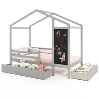 Costway Twin House Bed with 2 Storage Drawers Solid Wood Platform Bed with Blackboard - Gray - Large Front