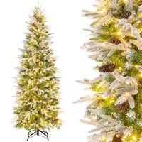Costway - 6 FT Flocked Christmas Tree with 671 PE PVC Branch Tips 280 Warm White LED Lights - Gre... - Large Front