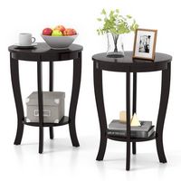 Costway 2 PCS 2-Tier End Table 18'' Round Compact Sofa Side Nightstand with Storage Shelf - Espresso - Large Front