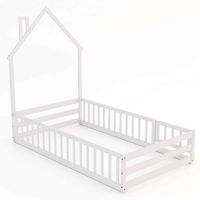 Costway Twin Size Montessori Floor Bed for Toddler with Lockable Door Full-Length Guardrail - White - Large Front