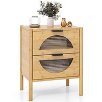 Costway 1 PCS Bamboo Nightstand with 2 Storage Drawers & Reeded Tempered Glass Fronts Bedroom - N... - Large Front
