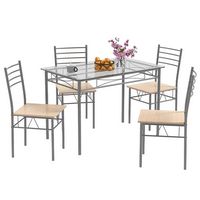 Costway 5 Piece Dining Set Table and 4 Chairs Glass Top Kitchen Breakfast Furniture Brown - Brown... - Large Front