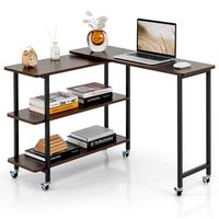 Costway 360° Rotatable Sofa Side Table L-shaped Laptop Desk Snack Table withShelf Patented - Walnut - Large Front
