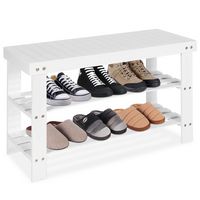 Costway - Bamboo Shoe Rack Bench 3-Tier Storage Shelf Holder Home Entryway Hallway - White - Large Front