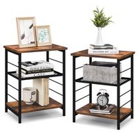 Costway 2 PCS 3-Tier Side End Table with Adjustable Mesh Shelf Narrow Nightstand - Rustic Brown - Large Front