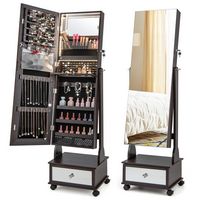 Costway - Jewelry Cabinet Armoire Full-Length Mirror Lockable with 3-Color LED Lights - Brown - Large Front