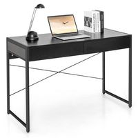 Costway - Computer Desk Metal Frame Study Table Home Office Workstation with 2 Drawers - Black - Large Front