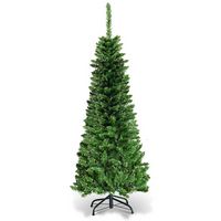 Costway - 4.5ft Pre-Lit Hinged Pencil Christmas Tree 150 White Lights - Green - Large Front