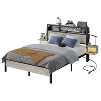 Bestier Queen Gaming Bed Frame Golden Stripe Headboard LED Nightstands with Charging Station - Gray - Large Front