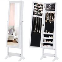 Costway - Mirrored Jewelry Cabinet Mirror Organizer Storage Ring Stand - White - Large Front