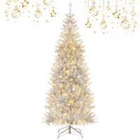 Costway - 6FT Pre-lit Artificial Tinsel Xmas Tree with 790 Branch Tips 300 LED Lights - Silver - Large Front