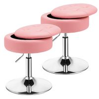 Costway Set of 2 Adjustable Metal Vanity Stool 360° Swivel Storage Makeup Chair with  Tray - Pink - Large Front