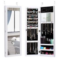 Costway - Wall Door Mounted Mirrored Jewelry Cabinet Storage Organizer - White - Large Front