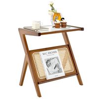 Costway Rattan Side Table Bamboo Accent Bedside Table with Tempered Glass Top - Walnut - Large Front