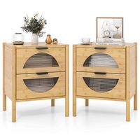 Costway 2 PCS Bamboo Nightstand with 2 Storage Drawers & Reeded Tempered Glass Fronts Bedroom - N... - Large Front