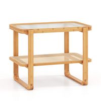 Costway 1 PC Bamboo Side Table with Rattan Shelf Glass Top Nightstand Small Sofa End Table - Natural - Large Front