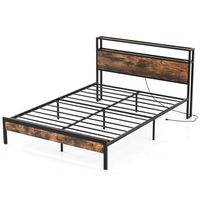 Costway Queen Bed Frame with Storage Headboard Charging Station 18W USB C Port Rustic - Brown - Large Front