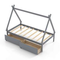 Costway Twin Size Wooden House Bed with 2 Drawers Roof Storage for Boys & Girls - Gray - Large Front