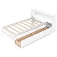 Costway Twin Size Bed Frame with LED Light & Power Outlet Bookcase Headboard Drawers - White - Large Front