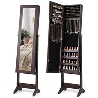 Costway - Jewelry Mirrored Cabinet Armoire Organizer Storage Box with Stand Christmas Gift - Coffee - Large Front