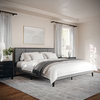 Martha Stewart - Jett Wooden King Size Platform Bed with Upholstered Inset Headboard-Gray Brown/G... - Large Front