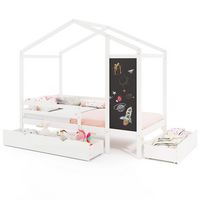 Costway Twin House Bed with 2 Storage Drawers Solid Wood Platform Bed with Blackboard - White - Large Front