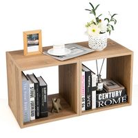 Costway - 2 PCS Wood Stackable Storage Cube 2-tier Narrow Bookshelf Vinyl Record Organizer - Natural - Large Front
