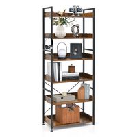 Costway - 6-Tier Bookshelf Open Display Shelves Storage Rack Metal Frame with 4 Hooks Rustic - Ru... - Large Front