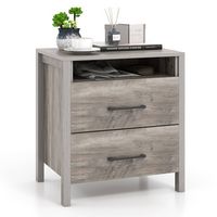 Costway - Nightstand with  2 Drawers Farmhouse Bed Side Table with  Open Storage Shelf - Gray - Large Front