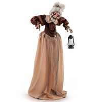 Costway - Life-Size Halloween Animatronic Moving and Talking Old Lady Hag Prop - Brown - Large Front