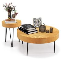 Costway Farmhouse Round Coffee Table Set of 2 End Table Finish for Living Room - Natural - Large Front