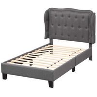 Costway Twin Size Bed Frame with Button Tufted Wingback Headboard Wooden Slats Support - Gray - Large Front