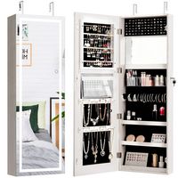 Costway - Door Wall Mount Touch Screen LED Light Mirrored Jewelry Cabinet Storage - White - Large Front