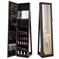 Costway - Mirrored Jewelry Cabinet Armoire Lockable Standing Storage Organizer with Shelf - Dark ... - Large Front